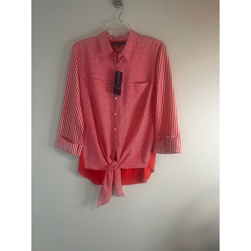 Jones New York  Red White Dot Stripe Tie Front Blouse Large 10553058-X64